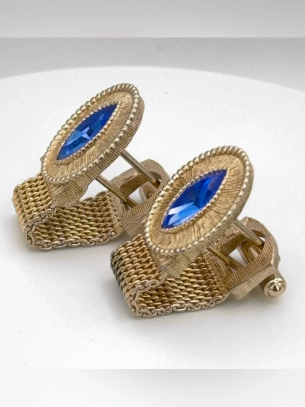 SWANK Gold-Tone Wrap Around Cuff Links with Blue Marquise Style Rhinestone